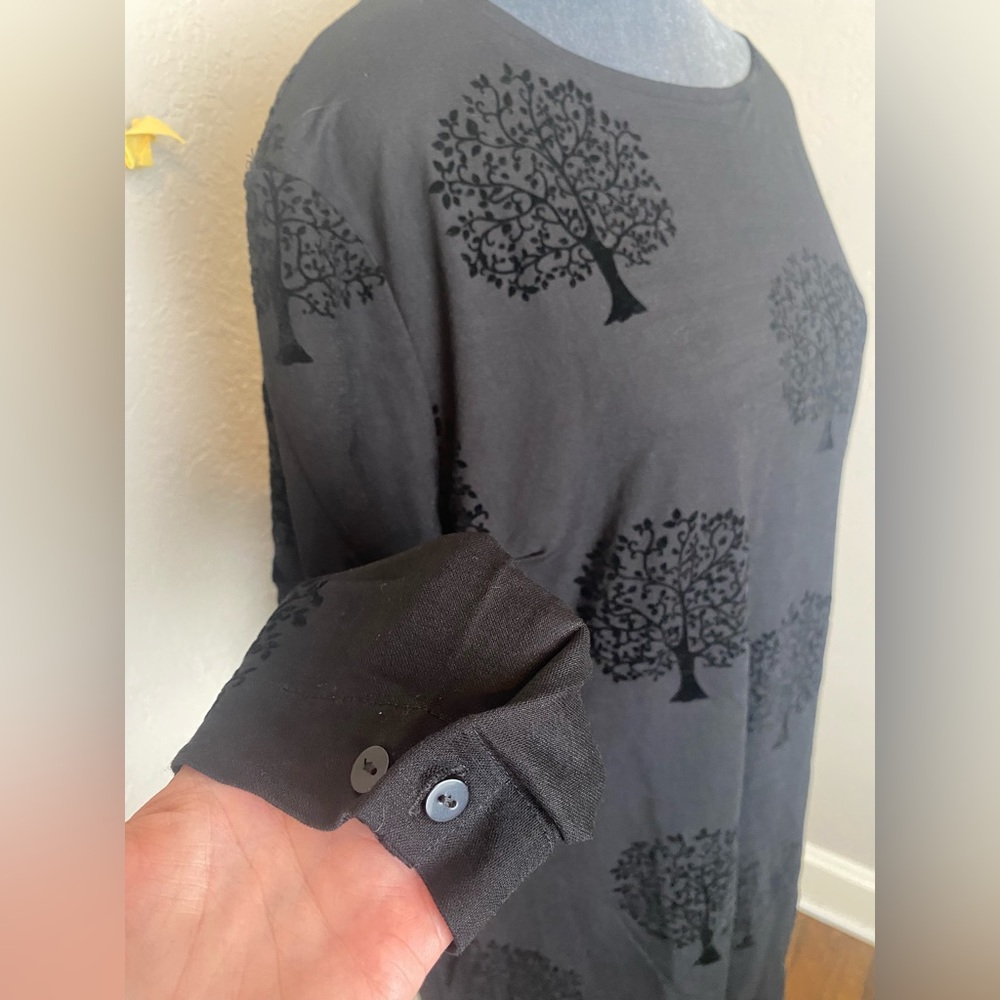 PEPALOVES Textured Black Knee Length Long Sleeve Dress Velvet Textured Trees M